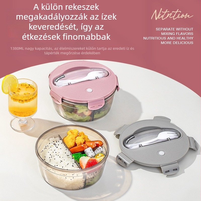 Kör alakú ebédes doboz kanállal és villával, mikróbarát, praktikus ételhordó
