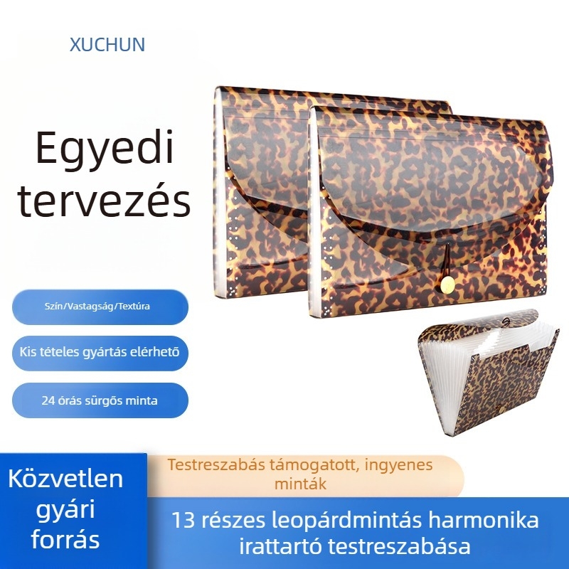 A4 többfunkciós PP akordion mappa, 13 rekesz, leopárd mintás