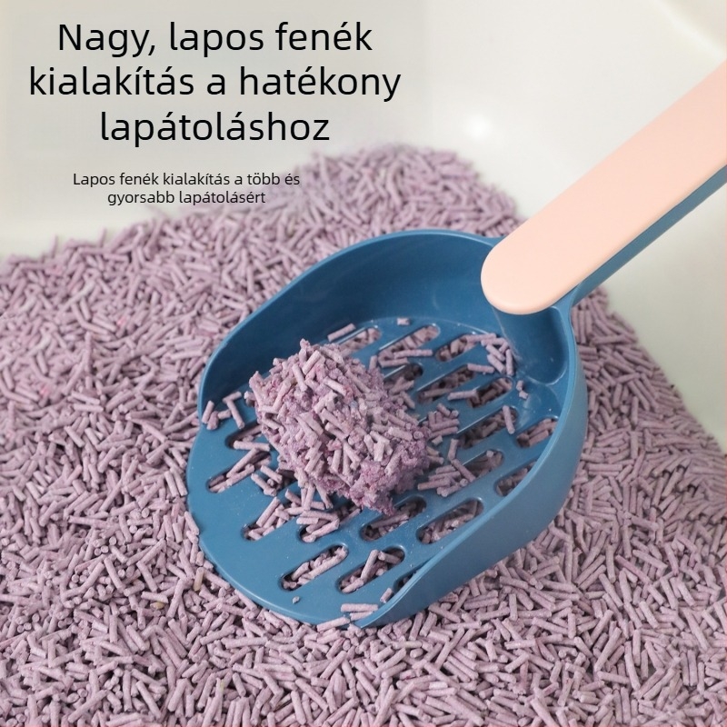 Nagy méretű macskaalom-kanál színes blokkos alappal és hosszabb nyéllel, ABS műanyagból