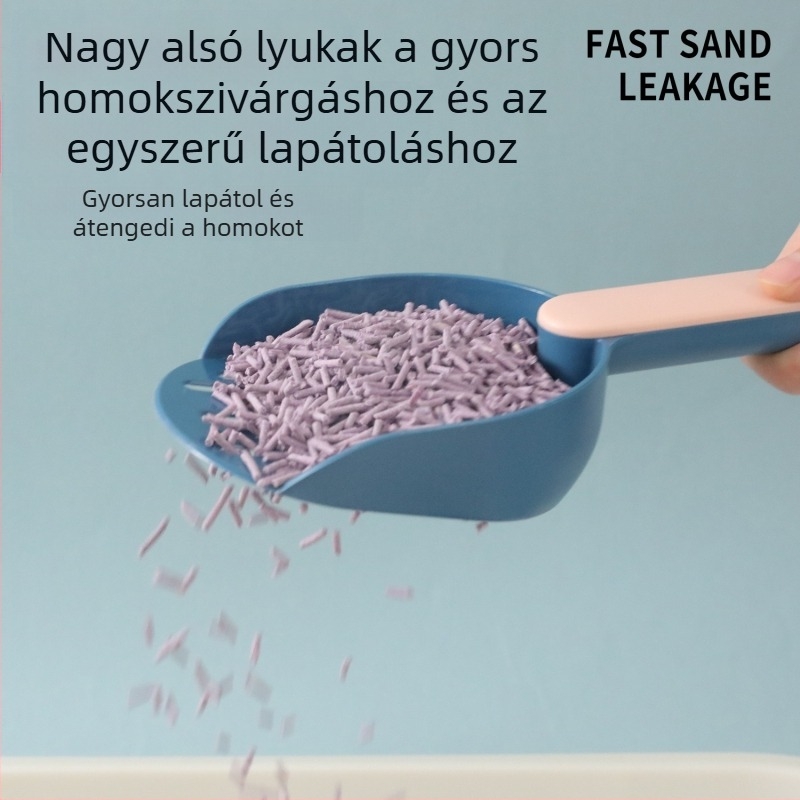 Nagy méretű macskaalom-kanál színes blokkos alappal és hosszabb nyéllel, ABS műanyagból