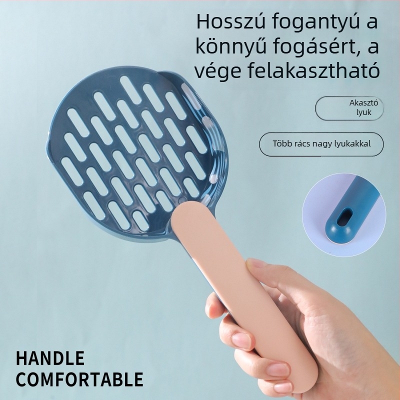 Nagy méretű macskaalom-kanál színes blokkos alappal és hosszabb nyéllel, ABS műanyagból
