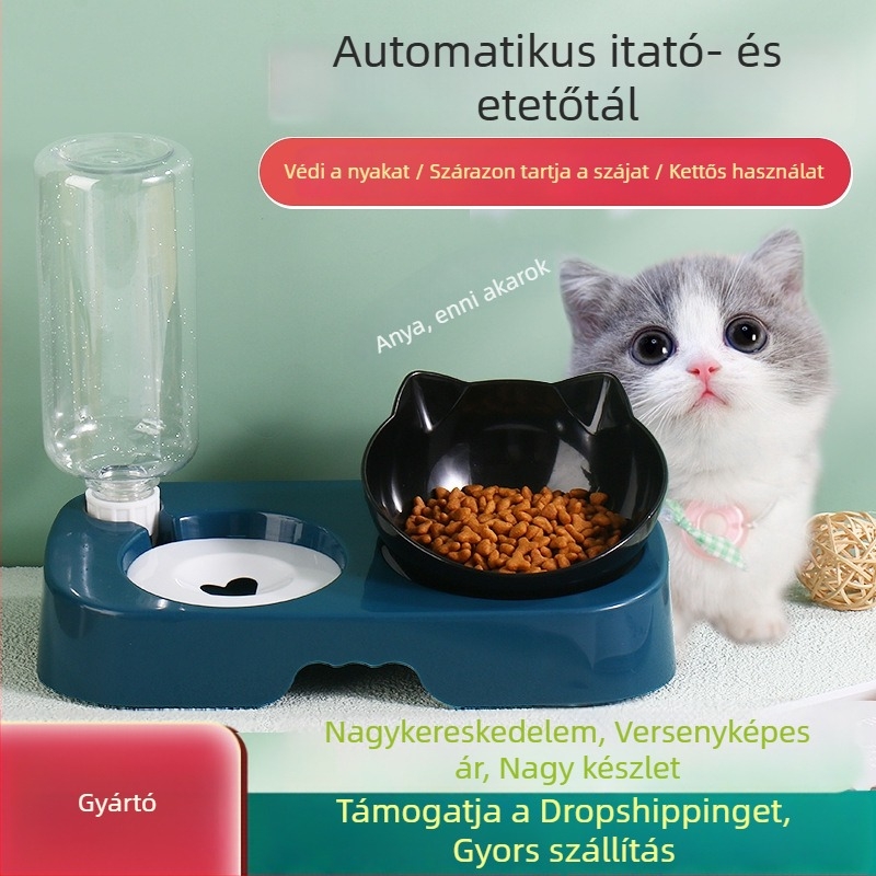 Automata állateledel- és vízadagoló készülék macskáknak és kutyáknak, csöpögés elleni tálakkal
