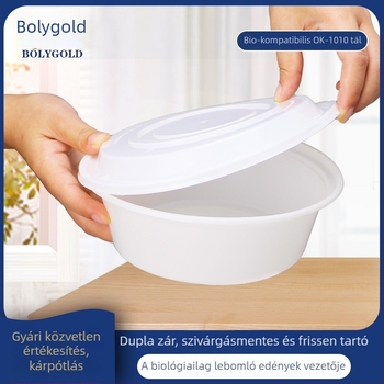 Poly Gold biológiailag lebomló, 1010 ml-es egyhasználatos ebédes doboz kapcsos fedővel, kör alakú műanyag ételtároló