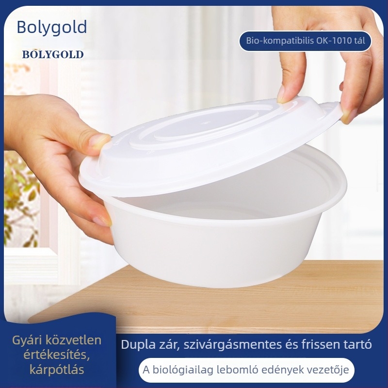 Poly Gold biológiailag lebomló, 1010 ml-es egyhasználatos ebédes doboz kapcsos fedővel, kör alakú műanyag ételtároló