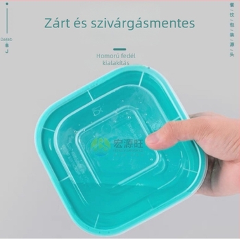 Eldobható, négyzet alakú műanyag ételhordó fedővel, mikrohullámú sütőben használható, logó nyomtatás lehetséges