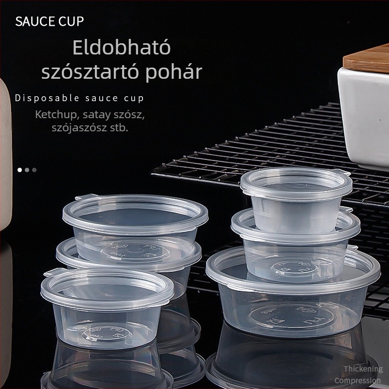 Egyszer használatos, több méretű szósz pohár takeaway-hoz és mártogatáshoz, műanyag ebéddoboz