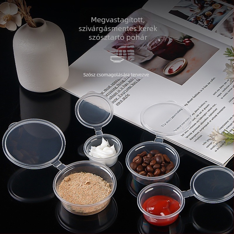 Egyszer használatos, több méretű szósz pohár takeaway-hoz és mártogatáshoz, műanyag ebéddoboz