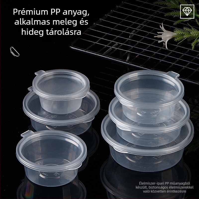 Egyszer használatos, több méretű szósz pohár takeaway-hoz és mártogatáshoz, műanyag ebéddoboz