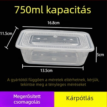 Megvastított egyszer használatos ebédes doboz, átlátszó műanyag, téglalap- és kör alakú forma, mikrohullámú sütőben használható