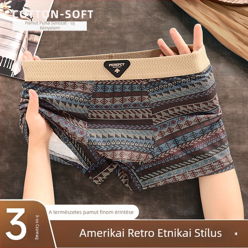 Új retro etnikus mintázatú férfi pamut boxeralsó, lélegző és antibakteriális