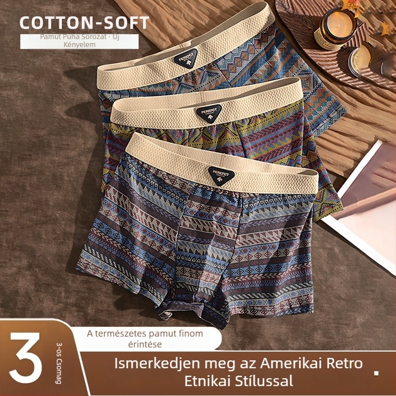 Új retro etnikus mintázatú férfi pamut boxeralsó, lélegző és antibakteriális