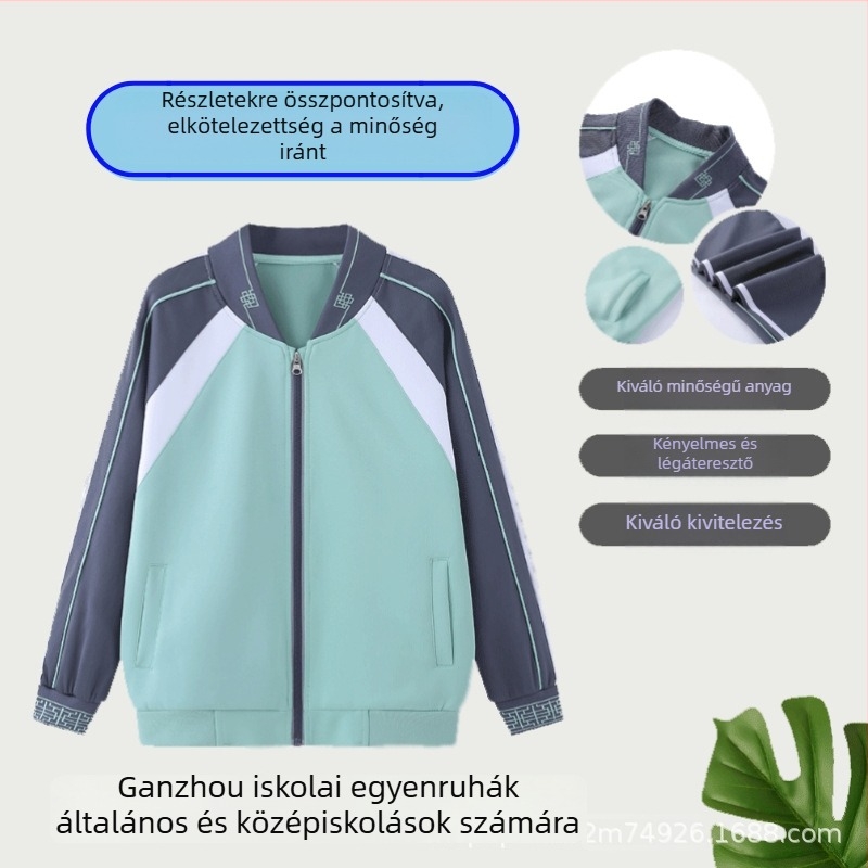 Általános- és középiskolások számára készült iskolai egyenruha készlet — dzseki és nadrág, tavasz–ősz, uniszex, poliészter anyag