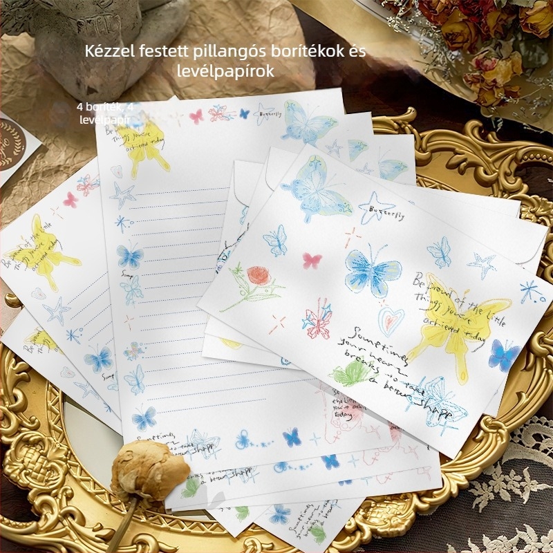 Paper Sutra boríték- és levélpapír-készlet kézzel rajzolt pillangóval – művészi szerelmi vallomások, áldások és üzenetek (4 boríték, 4 levéllap)