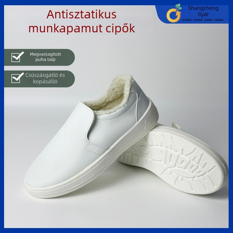 Elektronikai műhelybe szánt antistatikus pamutcipő, téli vastag és meleg, uniszex, fehér, fleece-béléses