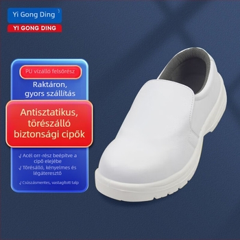 Yigongding antistatikus biztonsági cipő PU puha talppal, Slip-On, fehér, ujjvédő