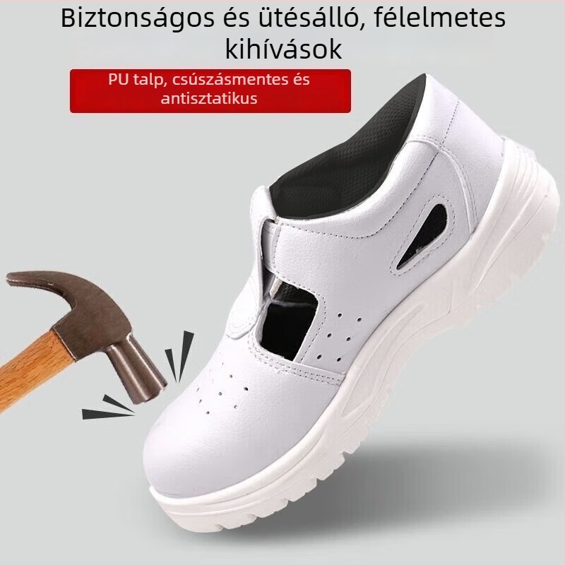 Yigongding antistatikus biztonsági cipő PU puha talppal, Slip-On, fehér, ujjvédő