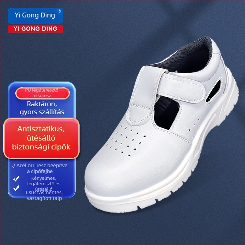 Yigongding antistatikus biztonsági cipő PU puha talppal, Slip-On, fehér, ujjvédő