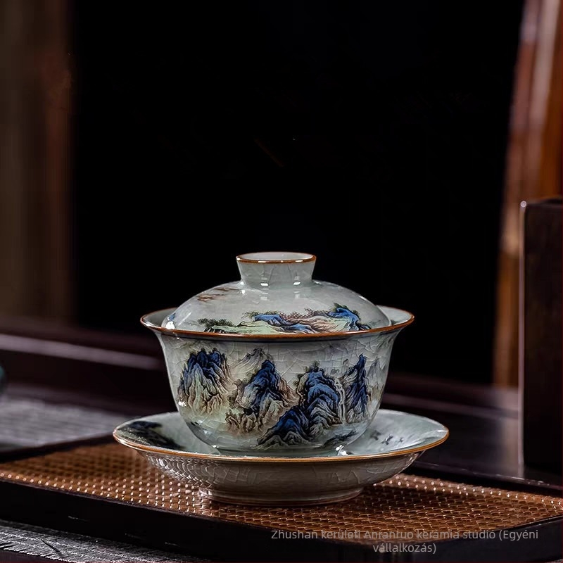 Fedeles teás tál, tájképpel rózsaszín-fehér porcelánban, kínai stílusú teáskészlet otthoni használatra