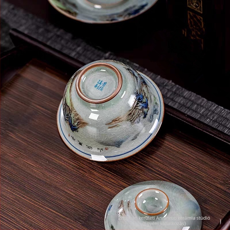 Fedeles teás tál, tájképpel rózsaszín-fehér porcelánban, kínai stílusú teáskészlet otthoni használatra