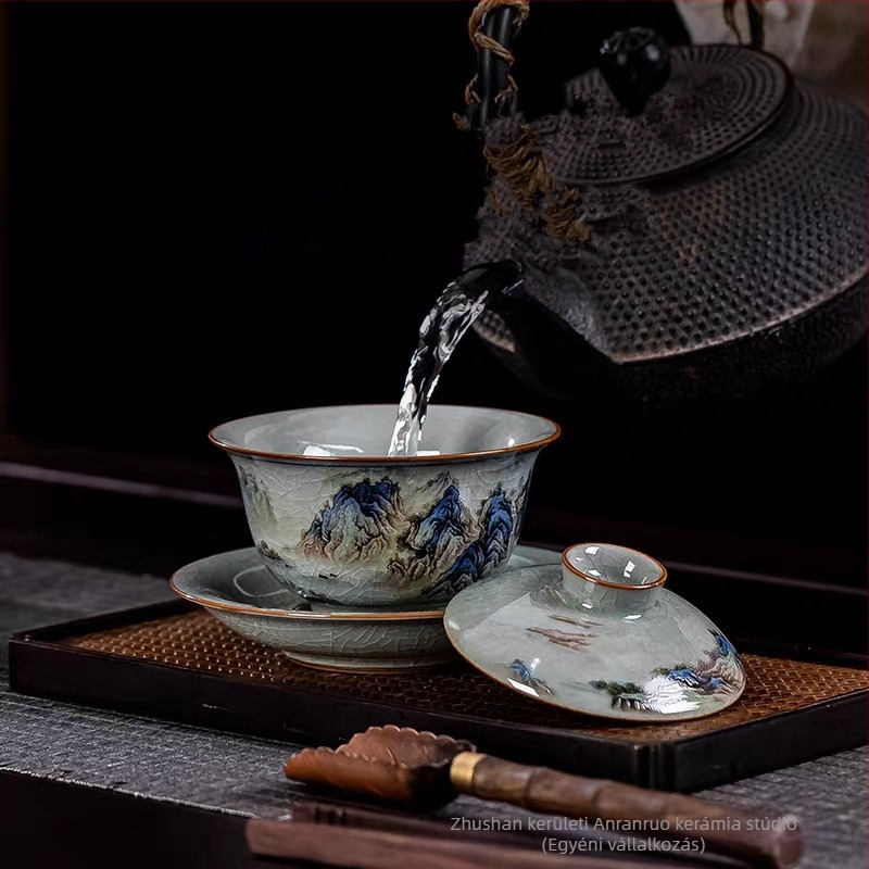 Fedeles teás tál, tájképpel rózsaszín-fehér porcelánban, kínai stílusú teáskészlet otthoni használatra
