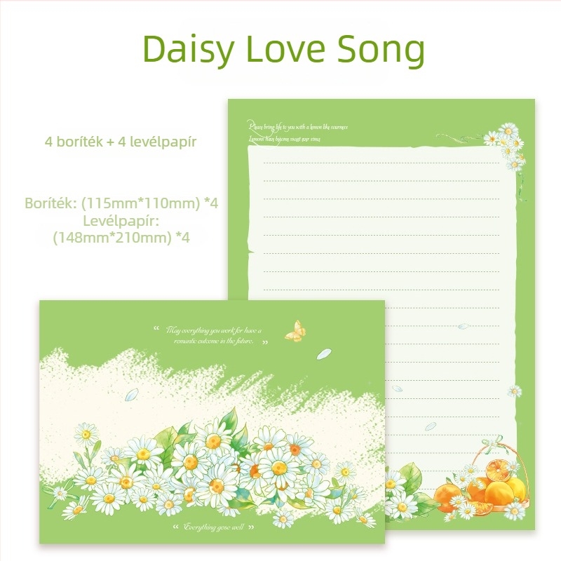 Daisy Love Song levélpapírszett borítékokkal – kézzel írt szerelmes levelekhez, 4 boríték, 4 levélpapír