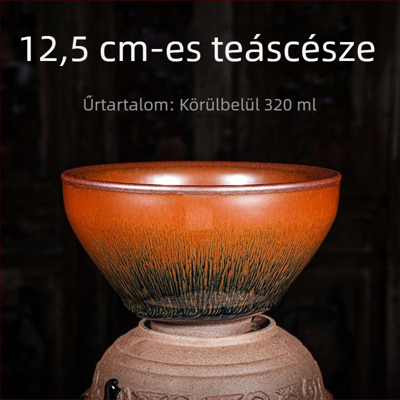 Teljes készlet a matcha tea ceremóniához, 12,5 cm, nyúl-szőr, fekete-arany máz, Song-dinasztia stílus, nagy méret