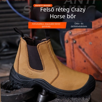 Crazy Horse bőrből készült biztonsági cipő lábujjvédővel, ütés- és perforációálló, kopásálló, antistatikus, vízálló és fémforgács elleni védelemmel.