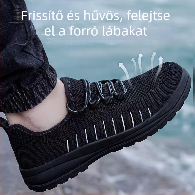 Férfi munkacipő, lélegző Fly-Knit hálós felsőrész, acél orrtővel, ütés- és perforációálló, szagtalanító és nedvességelvezető
