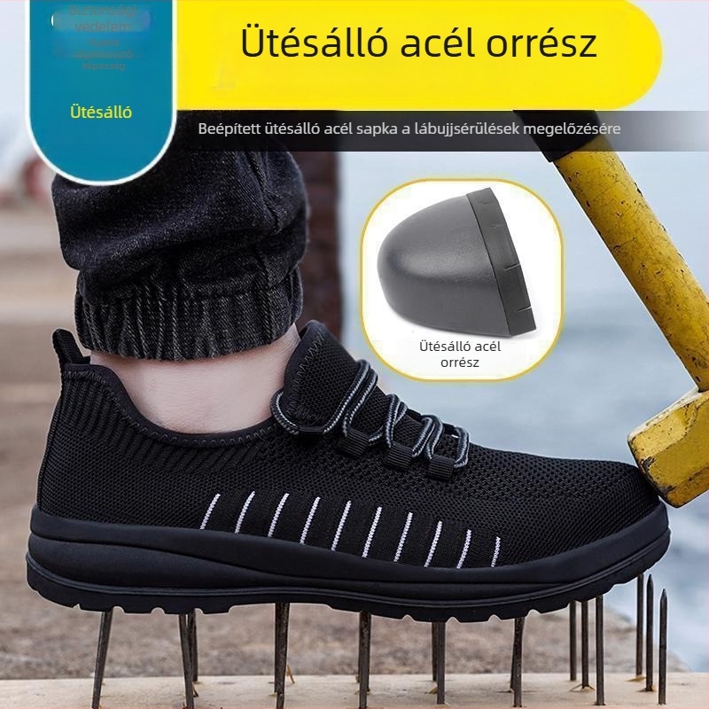 Férfi munkacipő, lélegző Fly-Knit hálós felsőrész, acél orrtővel, ütés- és perforációálló, szagtalanító és nedvességelvezető