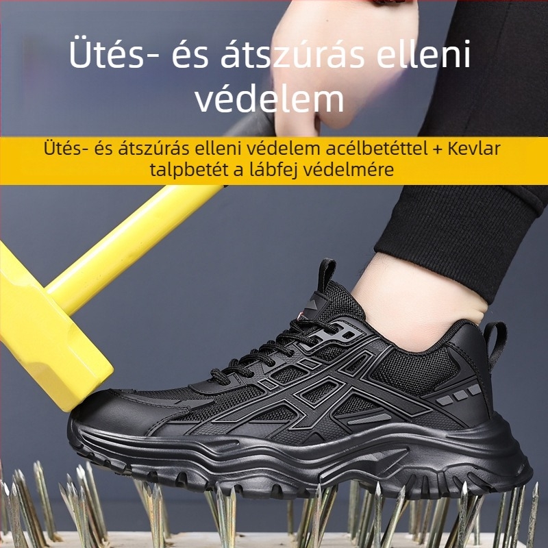 Férfi légáteresztő biztonsági cipő acélorrú orral, ütés- és perforáció elleni védelem, könnyű kivitel