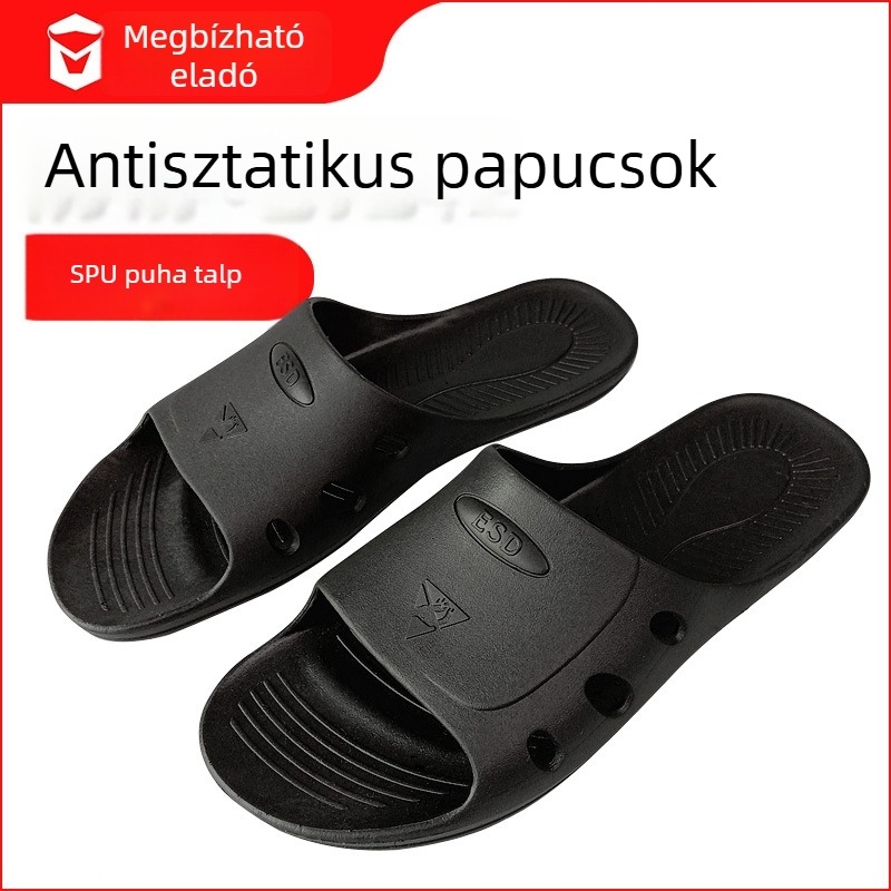 SPU anyagú anti‑statikus munkavédelmi papucs, fekete, hat lyukú, kényelmes puha talppal