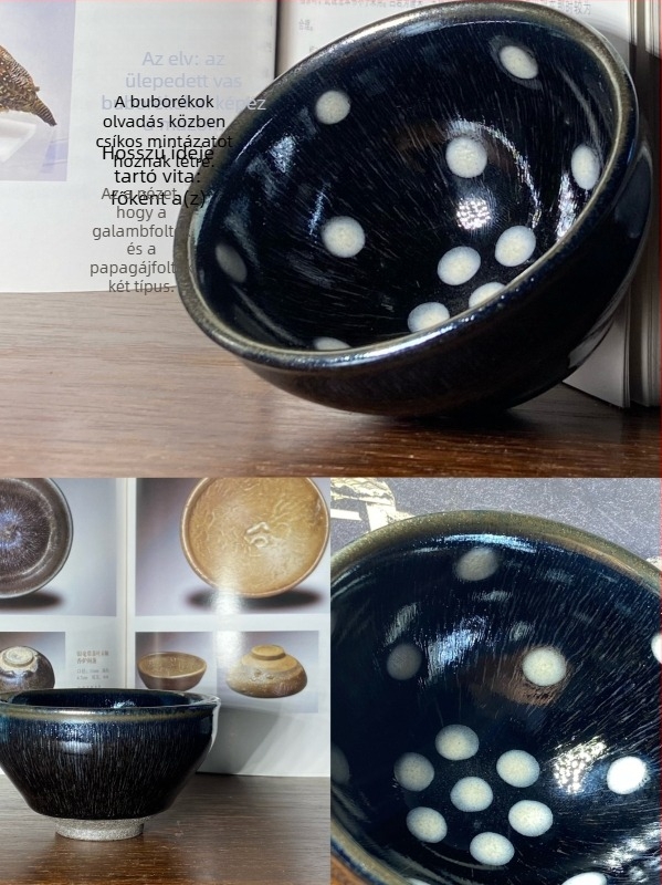 Jianzhan mestercsésze: klasszikus forma, máz Hundred-Flower Rabbit-Hair, Oil-Drop mintázat, pheasant-spot minta, arany- és ezüstszálas teáscsésze