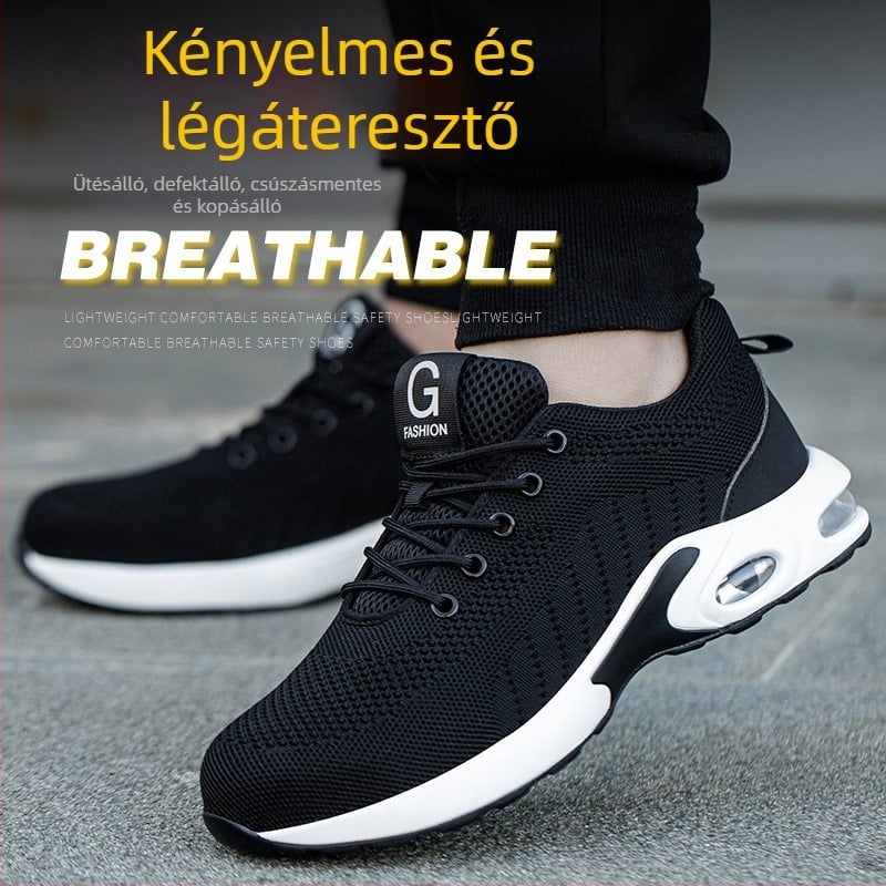 Férfi munkavédelmi cipő acélorrral, ütés- és perforáció elleni védelemmel, könnyű, négy évszakos Flyknit felső rész