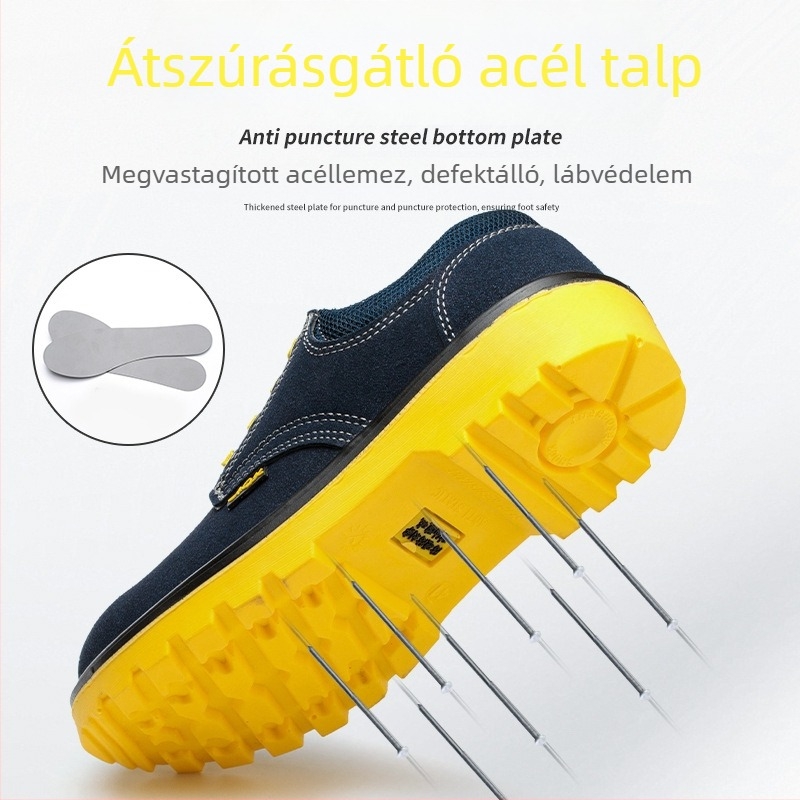 Minden évszakban használható biztonsági cipő, ütésálló és átszúrás elleni védelemmel, merev talppal, kék, mikroszálas bőr