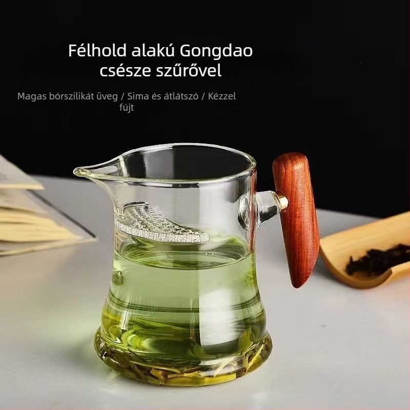 Hőálló boroszilikát üveg teáskészlet félhold alakú szűrővel, fa nyéllel és oldalsó fogantyúval, tea osztó