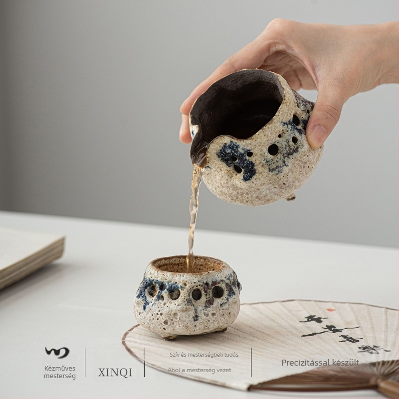Kézzel készített kerámiából készült teainfúzor kettős falú szigeteléssel és pohárral az egyenletes tea eloszlásához, retro japán stílusú, luxus teaceremónia kiegészítő