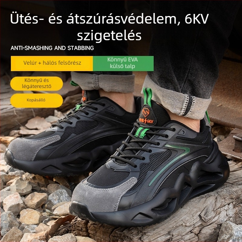 Divatos, könnyű férfi munkacipő 6kV-os szigeteléssel villanyszerelők számára, velúr bőrű védőcipők ütésálló és áthatolás elleni védelemmel
