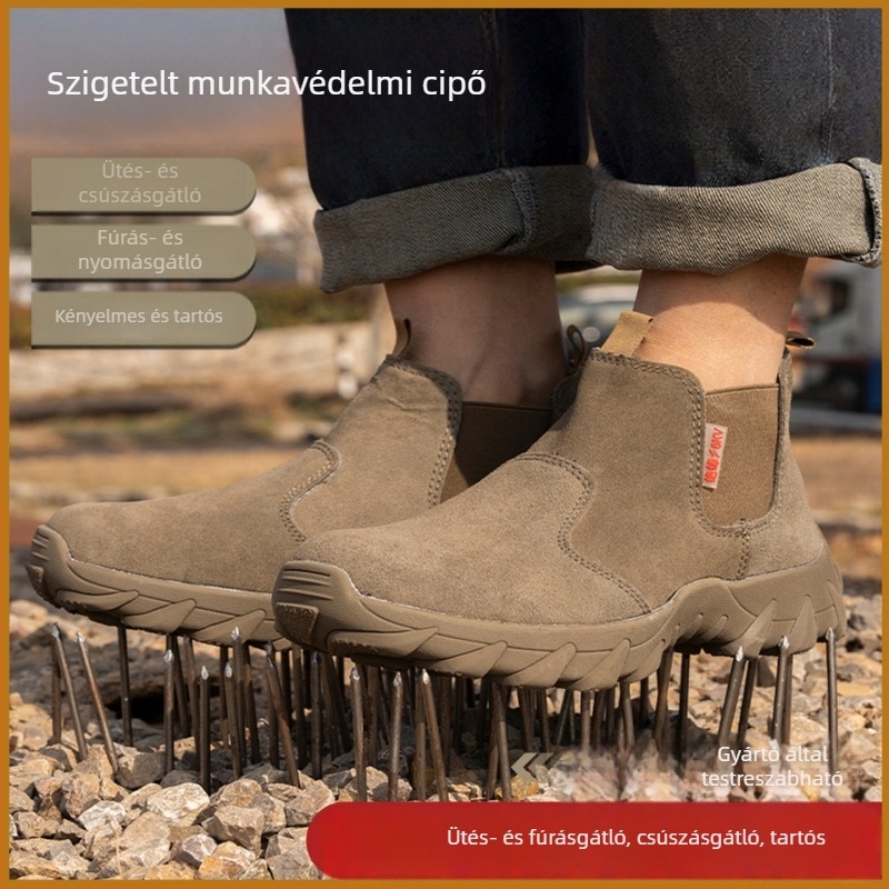 Férfi szigetelt munkavédelmi cipő, slip-on, acél orrvédővel, anti-perforációs és anti-ütés védelemmel, könnyű, tartós, lélegző velúrból, középmagas
