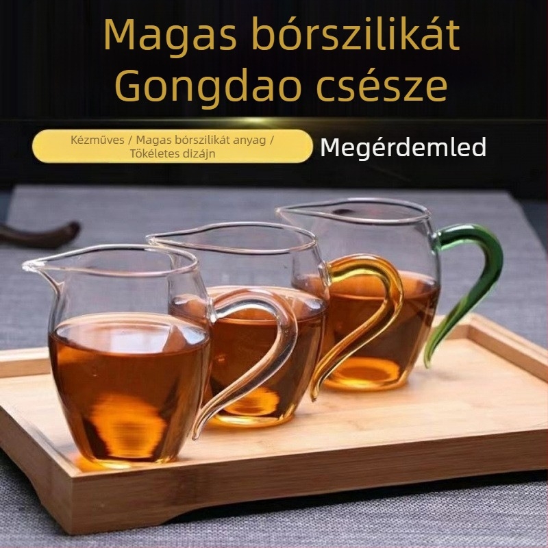 Vastagított hőálló boroszilikát üvegből készült kung fu teáskészlet, nagy méretű, egyenlítő pohárral és teás tálalóval