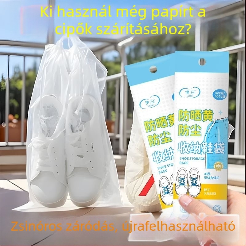 Cipő tároló készlet: sárgulás elleni szárító tasak, nem szőtt textilekből készült cipőtasakok, egyszer használatos porvédőfedők fehér cipőkhöz és cipőmosó tasak