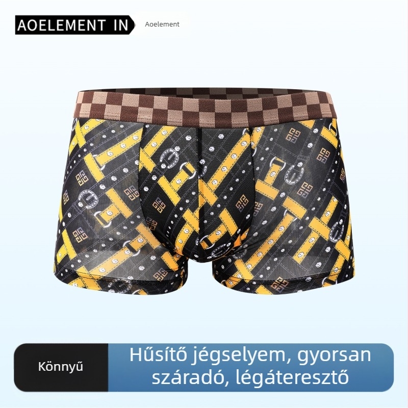 Férfi jégselyem boxer briefs, antibakteriális ágyékkal, lélegző, ultra vékony, mintás