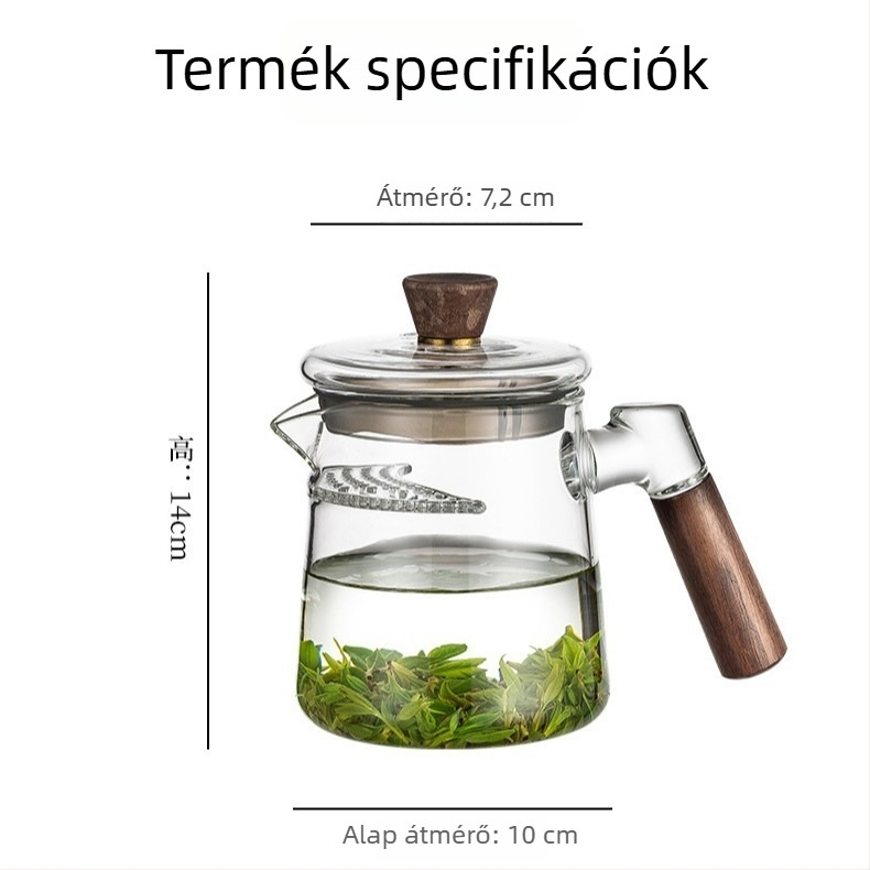 Luxus üveg teáskanna félhold formájú, beépített szűrővel, teáscsésze- és egyenlő adagot biztosító kanálkészlettel zöld teához
