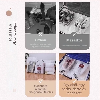 Utazó cipő tároló táska por- és nedvességálló, húzózáras záródással, a kollégiumban rendezéshez.