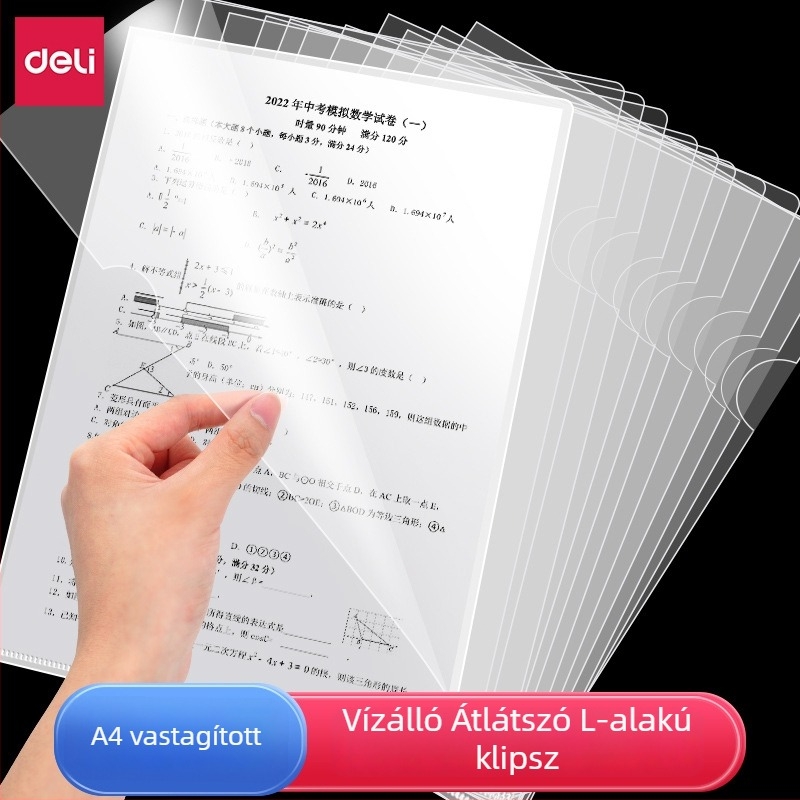 Deli 5706A műanyag A4-es méretű irattartó, L-alakú klippel, átlátszó