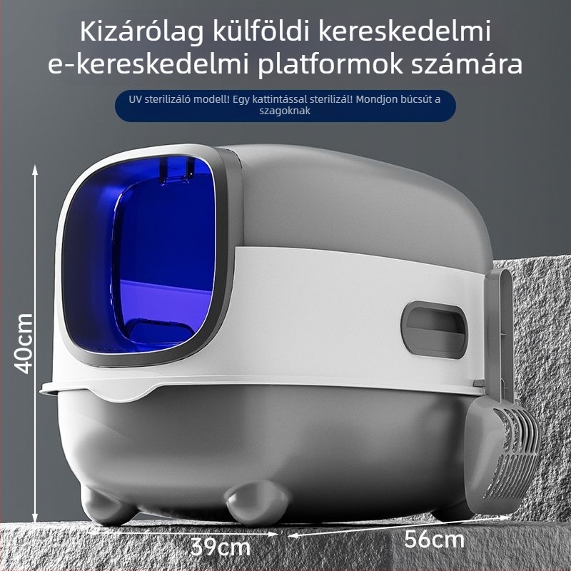 UV-sterilizáló macskaalmotálca, teljesen zárt, anti-szóródás és dezodoráló funkcióval, megnövelt méretű, PVC anyag