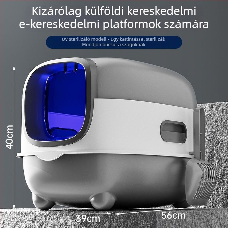 UV-sterilizáló macskaalmotálca, teljesen zárt, anti-szóródás és dezodoráló funkcióval, megnövelt méretű, PVC anyag