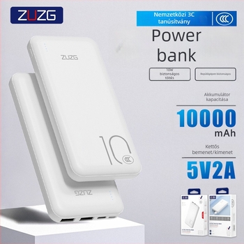 ZUZG3c tanúsított külső akkumulátor 10000mAh, többportos, 10W lassú töltés, ultra vékony és könnyű