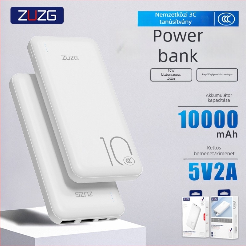 ZUZG3c tanúsított külső akkumulátor 10000mAh, többportos, 10W lassú töltés, ultra vékony és könnyű
