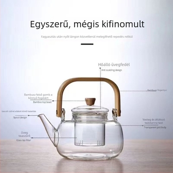 Magas hőálló üvegből készült teáskanna fa fogantyúval teázáshoz