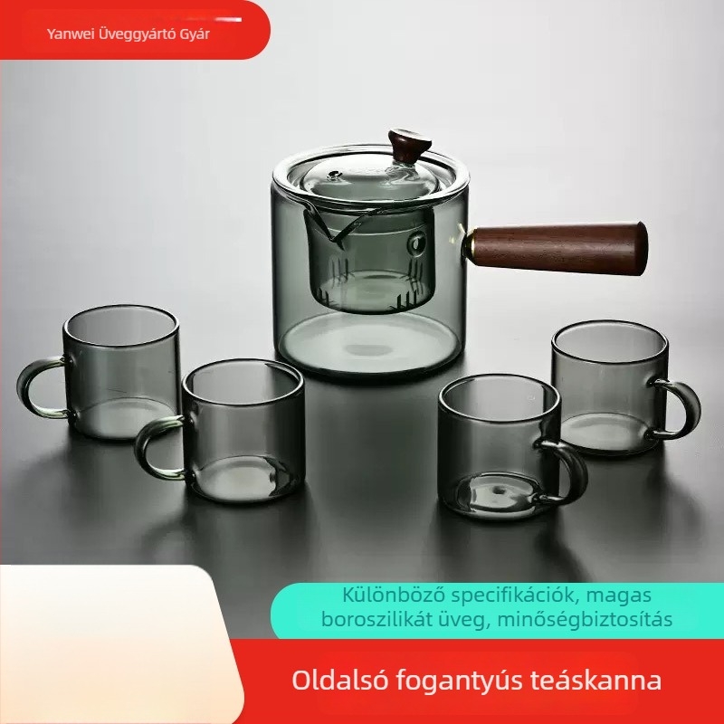 Oldalfogantyús üveges teáskanna, hőálló boroszilikát üvegből, irodai és otthoni használatra